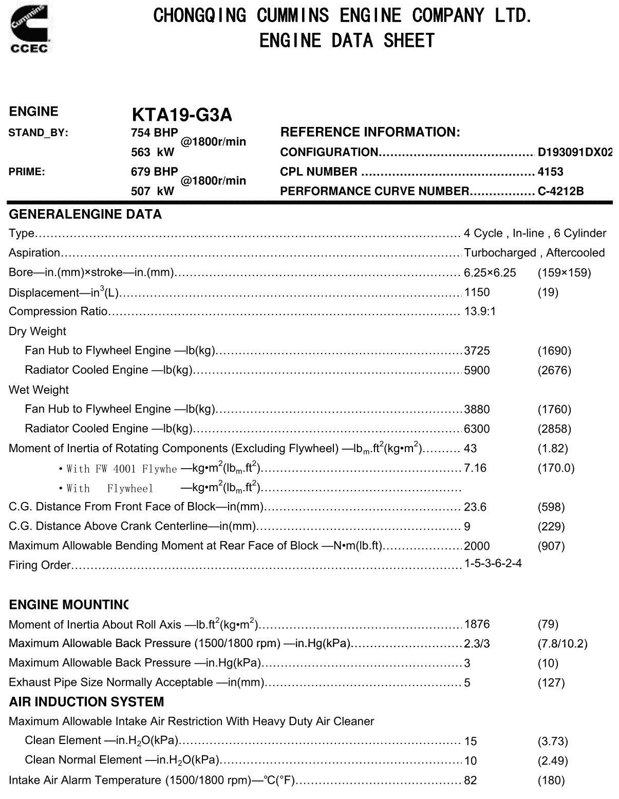 Cummins KTA19-G3A 448kW datasheet