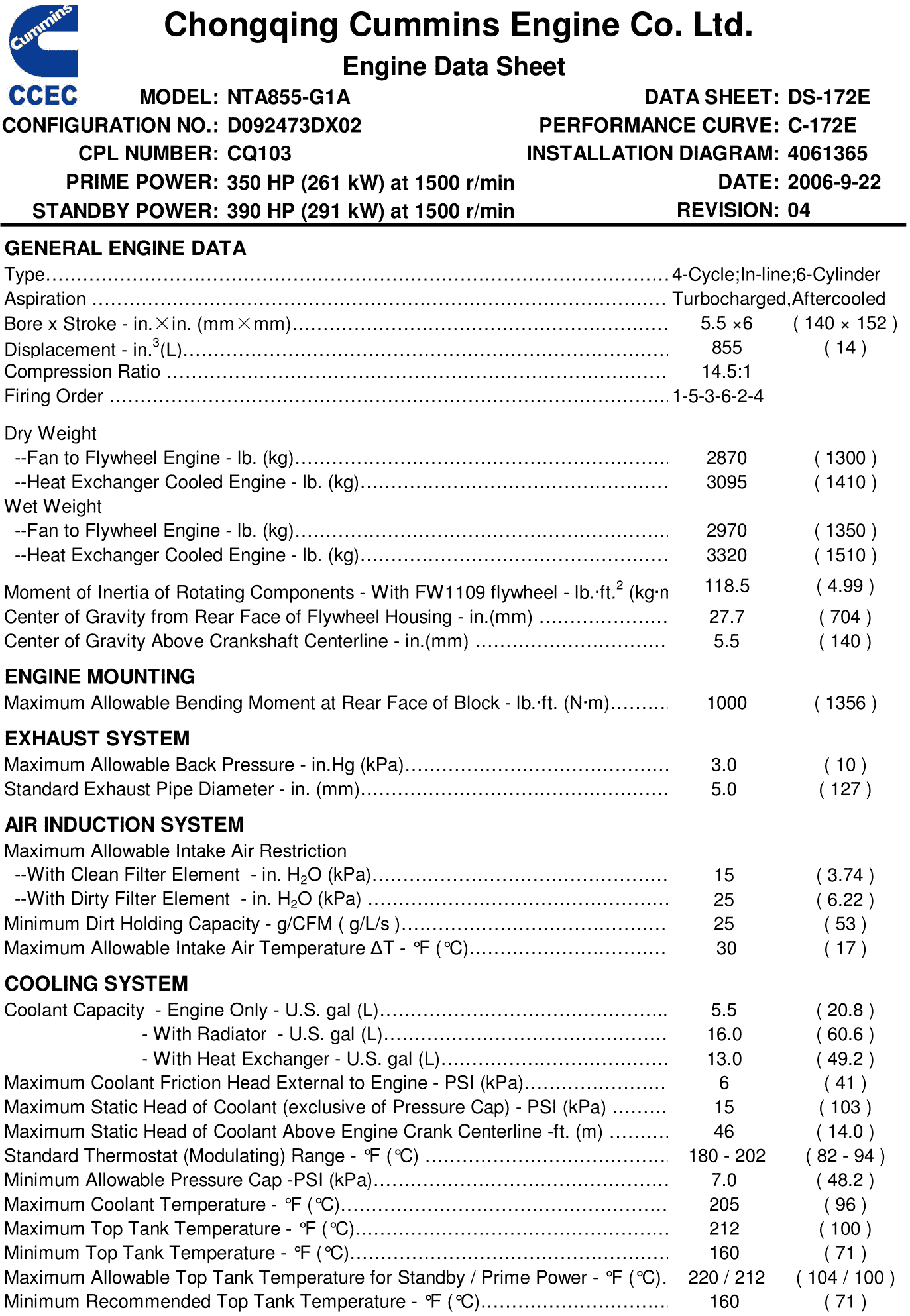 Cummins NTA855-G1A 261kW datasheet