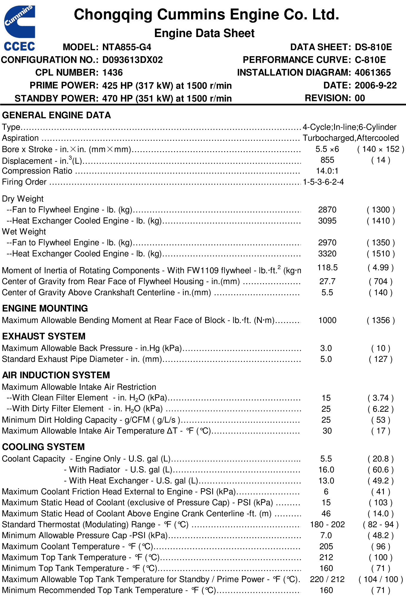Cummins NTA855-G4 317kW datasheet
